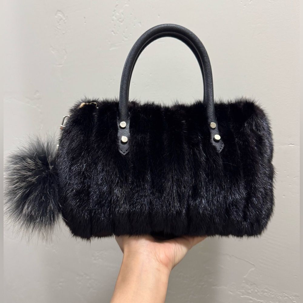 Black Real Mink Fur Handmade Boston Bag/Crossbody, with Free Fox Fur Ball Charm